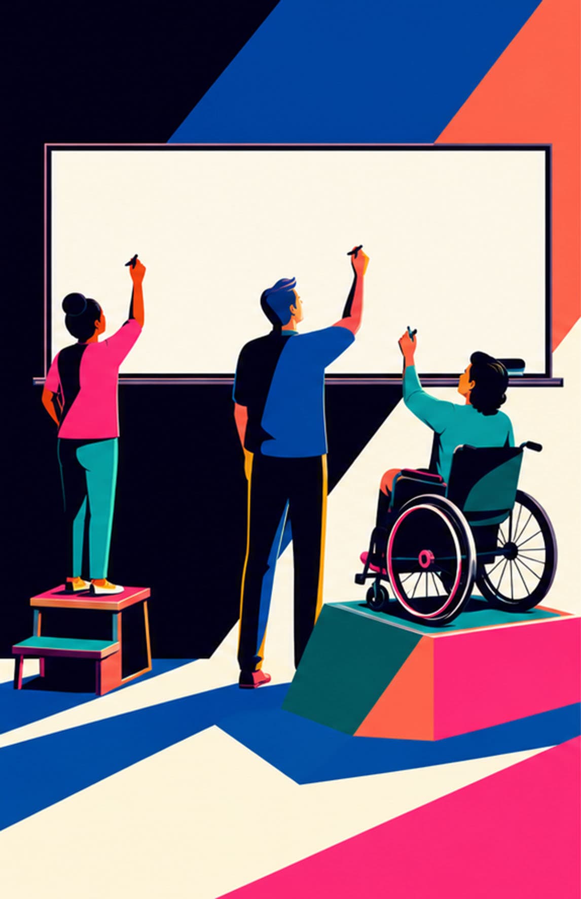 The same high whiteboard remains in place. The shorter person uses a step stool, and the wheelchair user uses an elevated ramp to reach the board.
