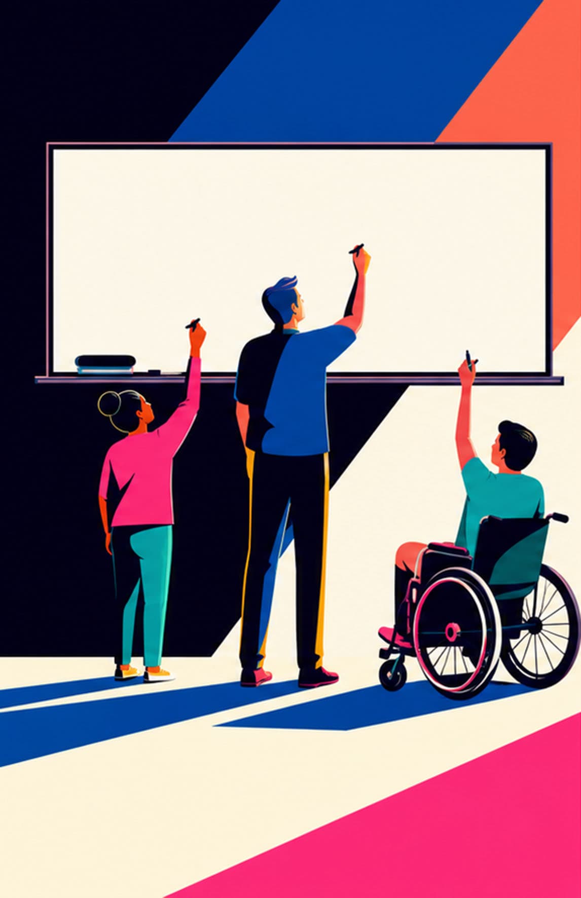 Three people face a high whiteboard with no assistive devices. Only the tall person can use the board; a shorter person and a wheelchair user cannot reach it.