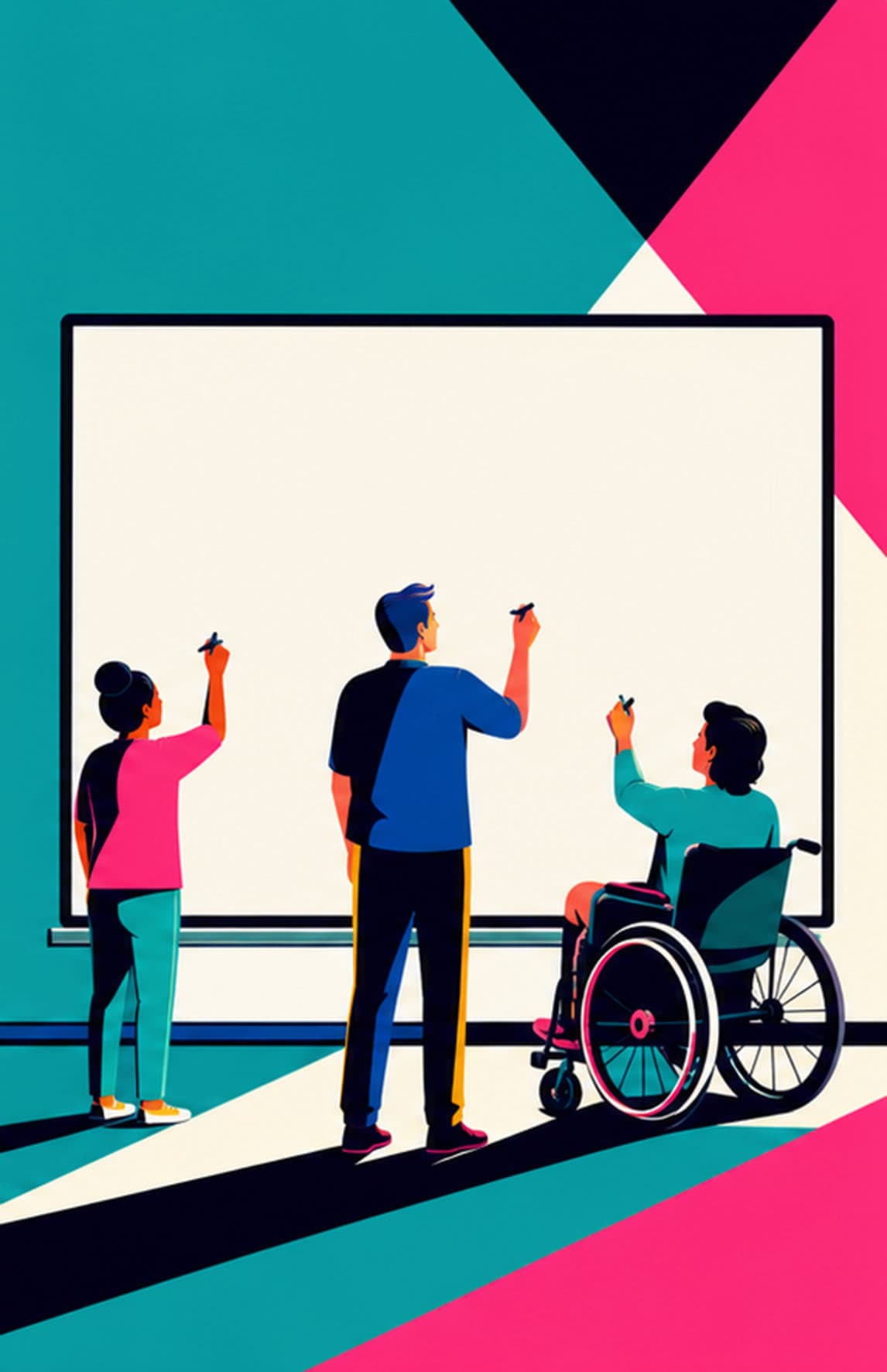 Three people use a larger whiteboard that extends lower toward the floor. No one needs a step, platform, or ramp because the board itself is reachable.